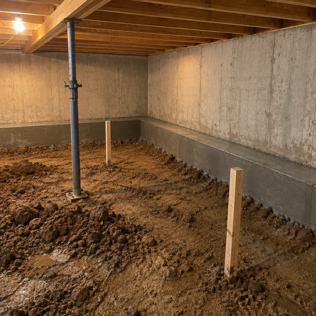 Freshly poured interior concrete bench footing along a cinder block foundation wall