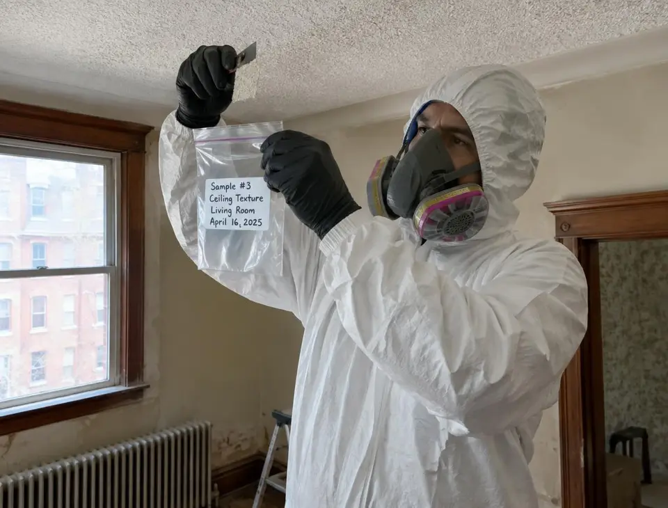 Technician in protective gear bagging a ceiling texture sample for asbestos testing